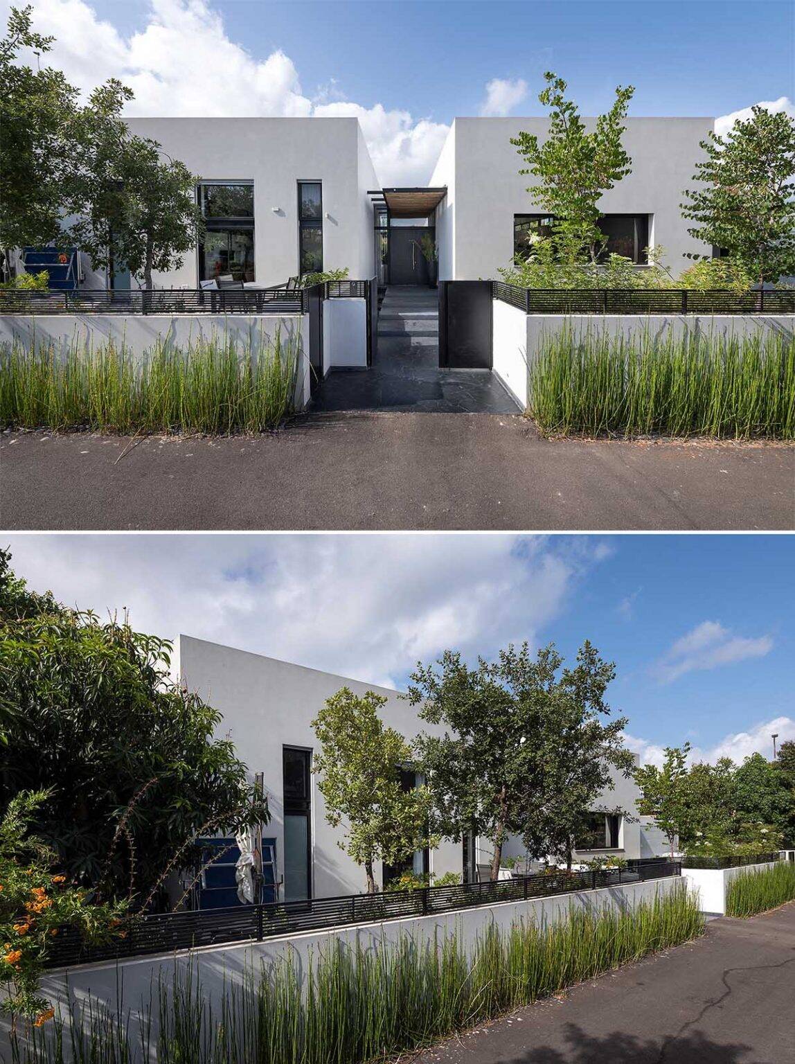 A private front courtyard with outdoor lounge and dining spaces extends the indoor-outdoor lifestyle of this modern home.