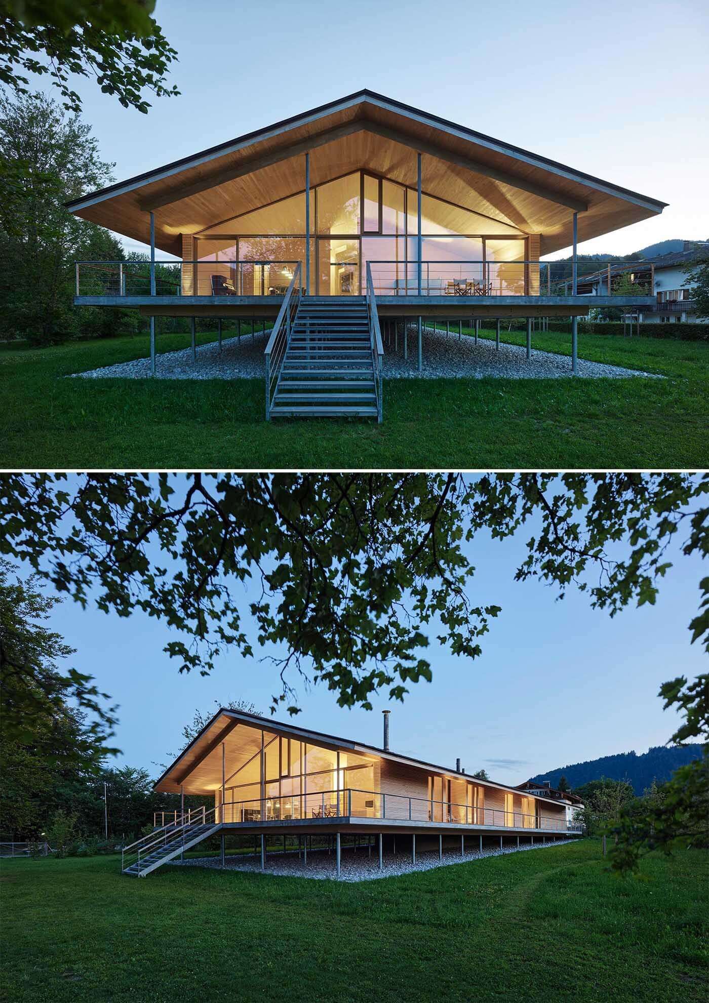 Local silver fir timber, horizontal cladding, and elevated construction give this German lakeside home a warm and natural appearance.