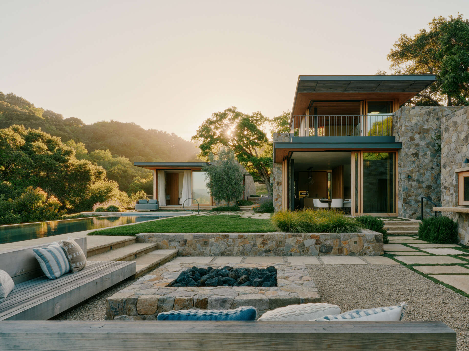 Explore Stone Villa by Feldman Architecture in California’s Santa Lucia Preserve, where stone pavilions, warm materials, outdoor living, and Tuscan-inspired design come together across a scenic ridge-top landscape.