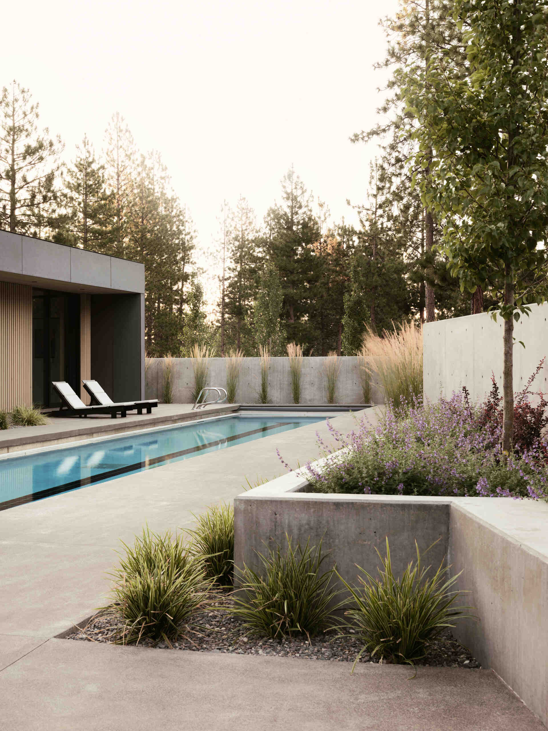 A sheltered lap pool wrapped by modern architecture creates one of the most relaxing spaces in this stunning Bend, Oregon hideaway.