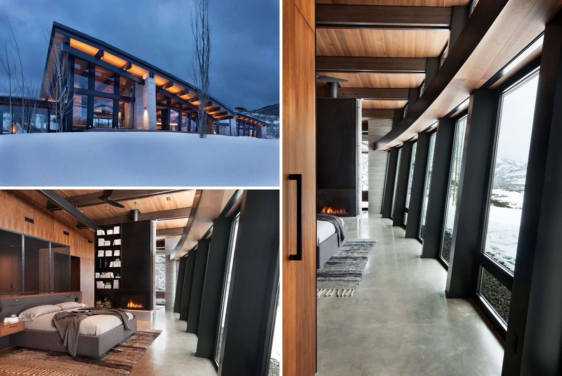 Quarry House by RKD Architects in Park City, Utah, is made up of three connected pods, each featuring a curved, outward-leaning glass wall that frames sweeping views of the Wasatch Mountains. Limestone walls, steel structure, and bold architectural forms give the home a striking presence within the landscape.