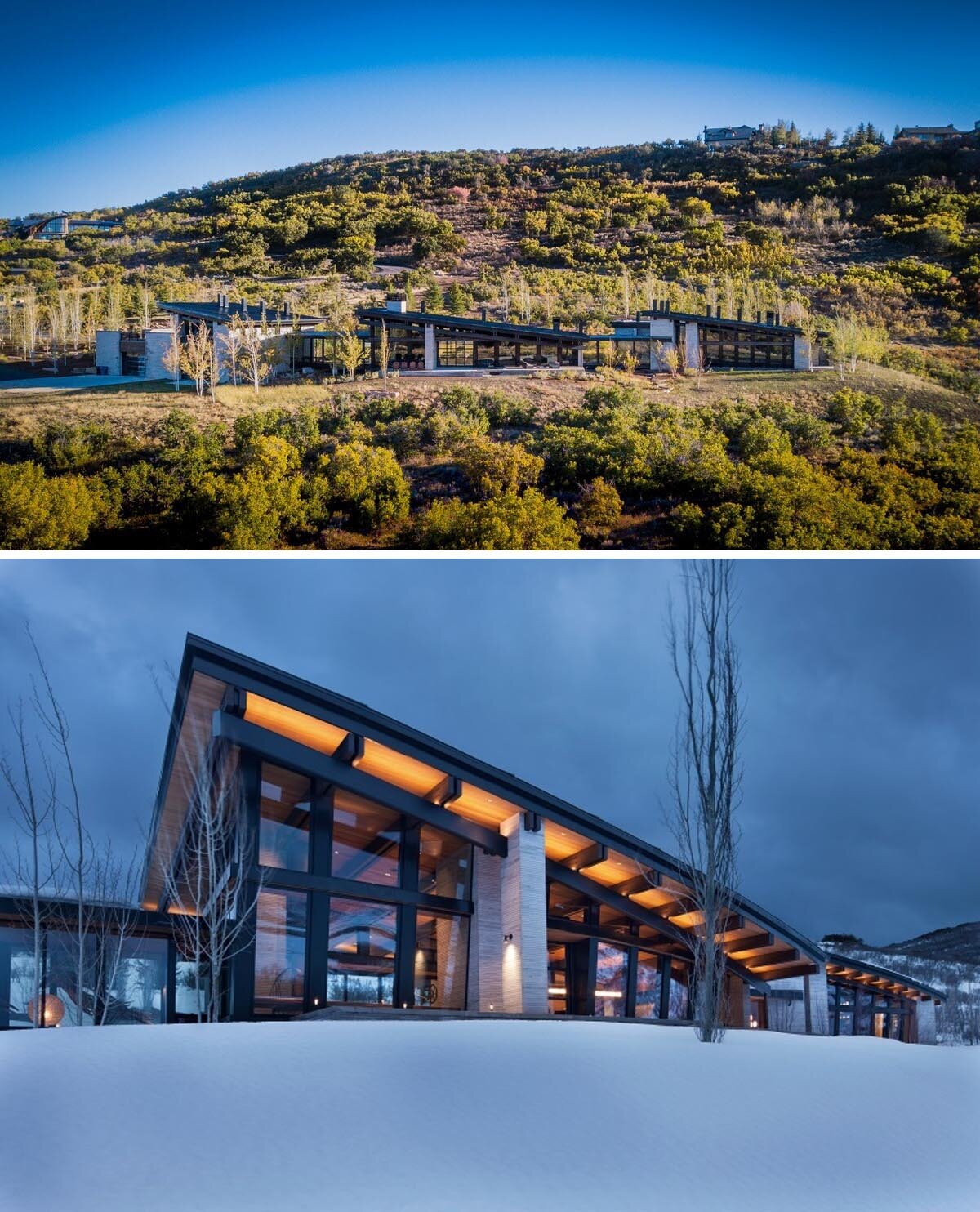 Quarry House by RKD Architects in Park City, Utah, is made up of three connected pods, each featuring a curved, outward-leaning glass wall that frames sweeping views of the Wasatch Mountains. Limestone walls, steel structure, and bold architectural forms give the home a striking presence within the landscape.
