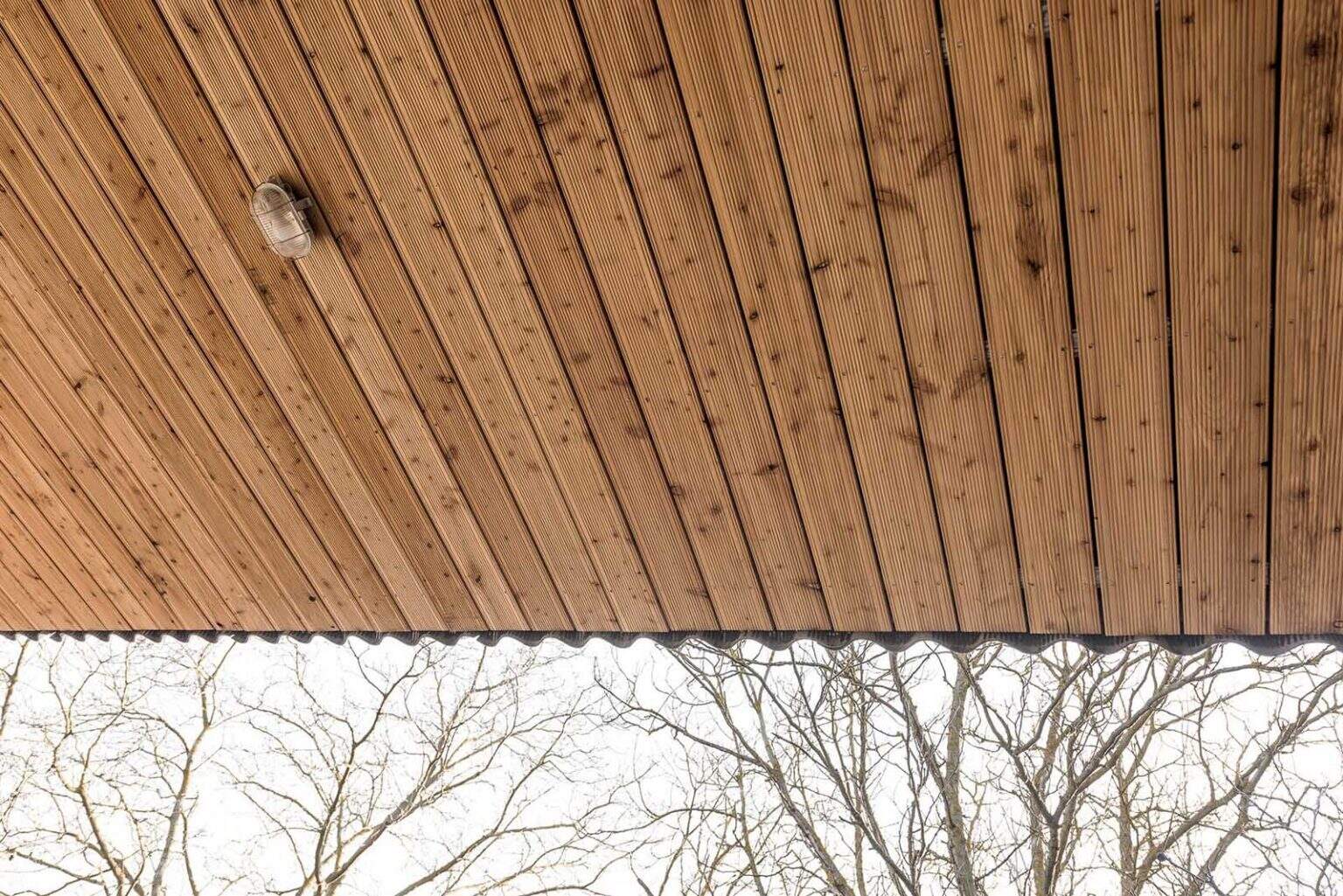 Larch wood-lined alcoves add warmth to this black modern home, creating inviting outdoor spaces that open directly toward the walnut grove.