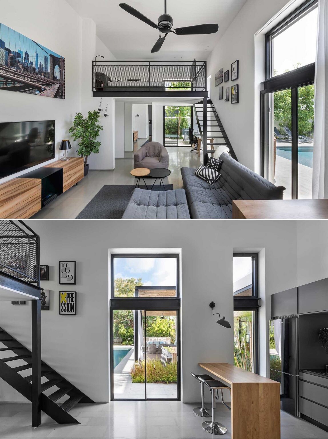 A separate guest wing with a loft bedroom and kitchenette adds privacy and flexibility to this modern home design.