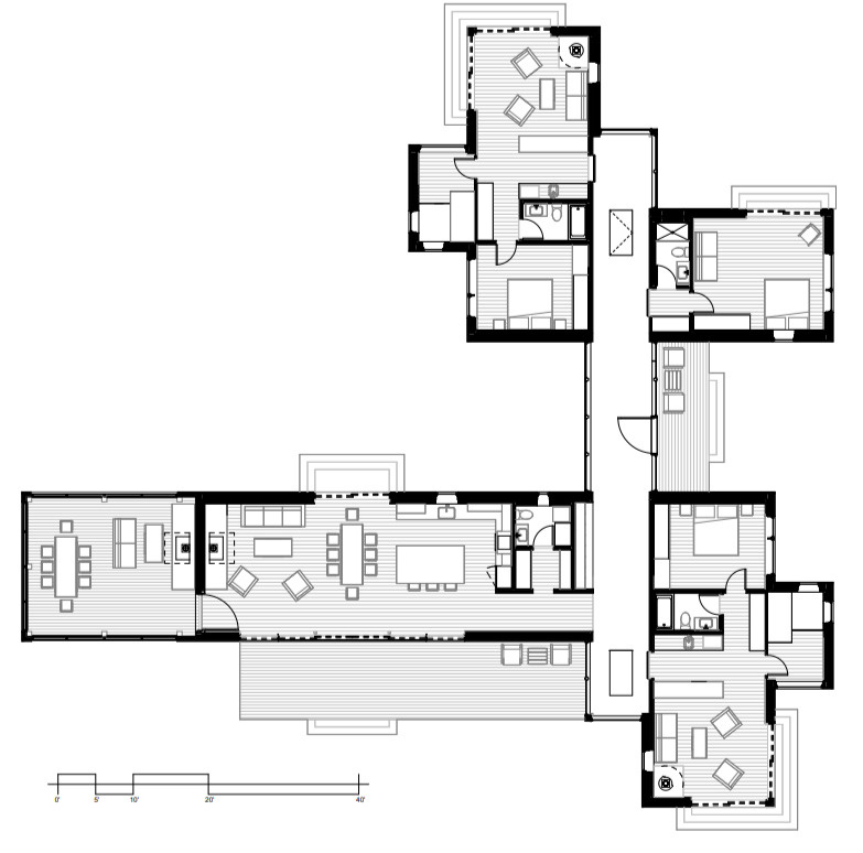 Architectural drawings showcasing a pinwheel floor plan that creates private spaces with unique views in every direction.