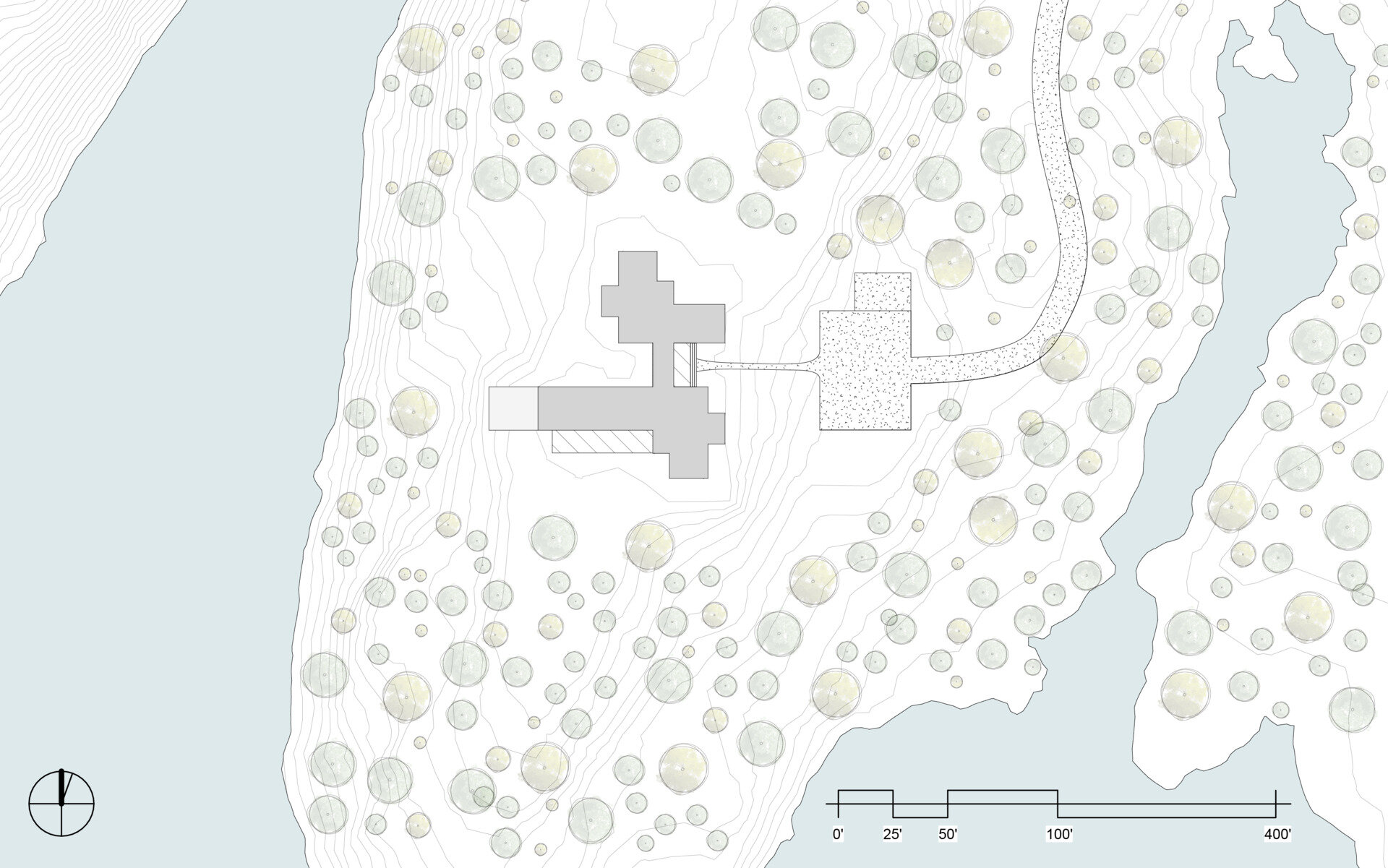 Architectural drawings showcasing a pinwheel floor plan that creates private spaces with unique views in every direction.
