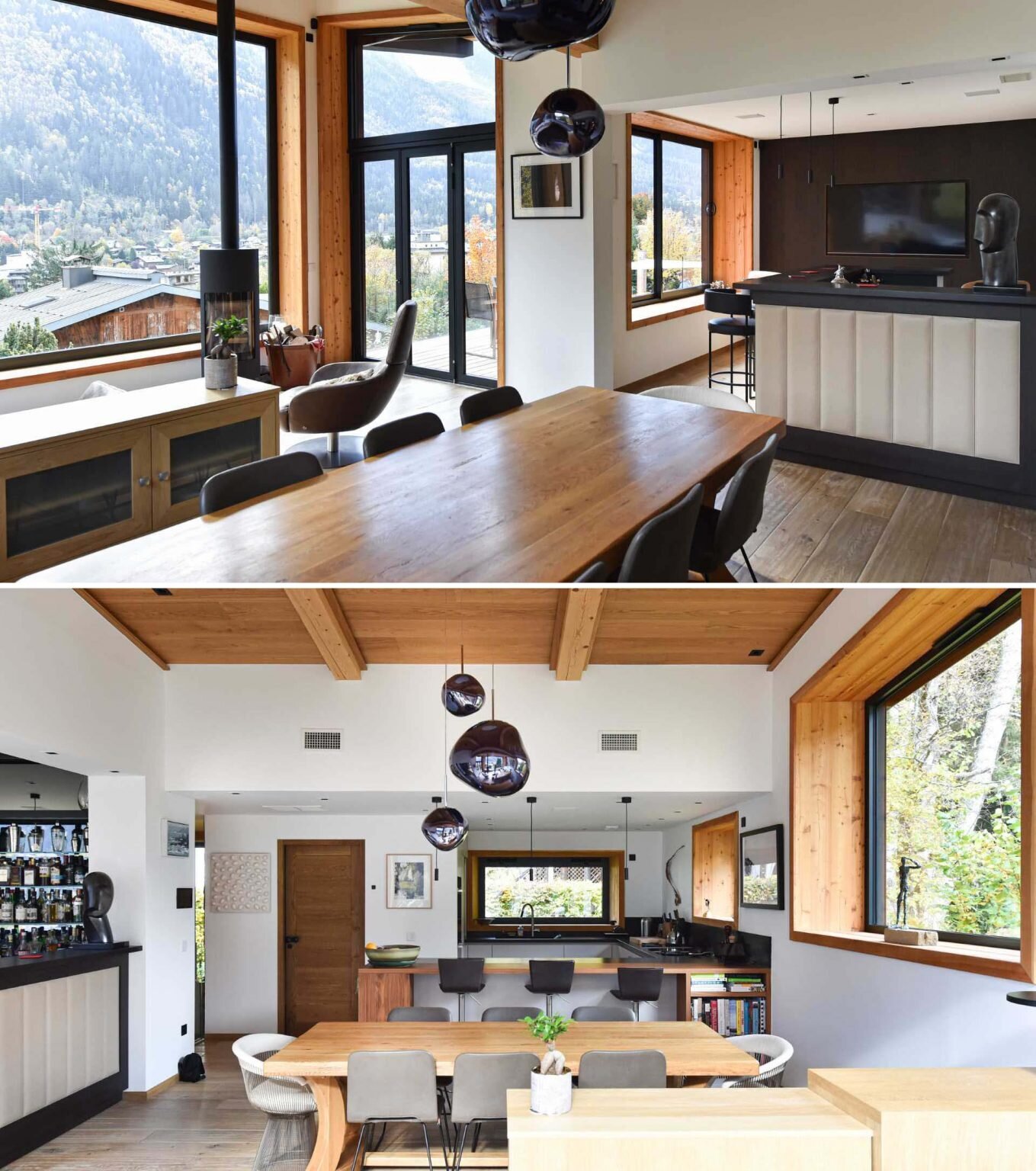 Warm wood, brass accents, leather finishes, and open-plan living spaces bring a contemporary feel to this French mountain home renovation.