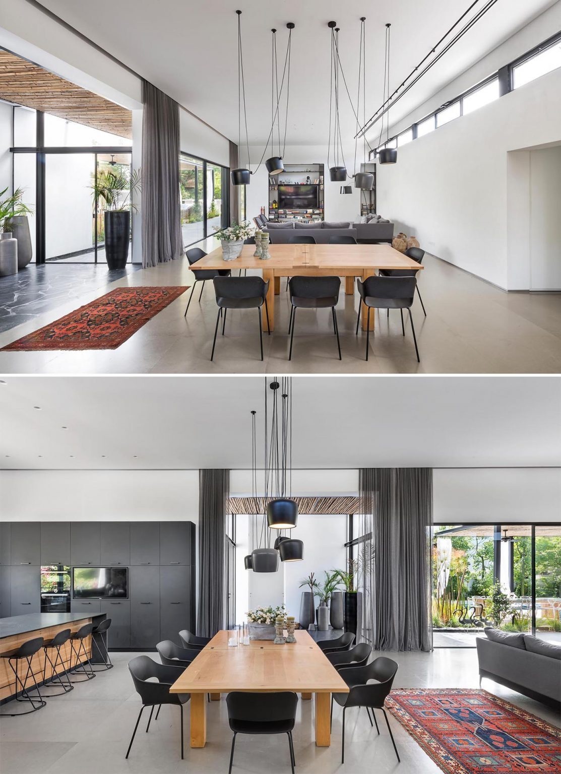 Wood furniture, black chairs, and minimalist lighting define the open-plan great room in this modern home.