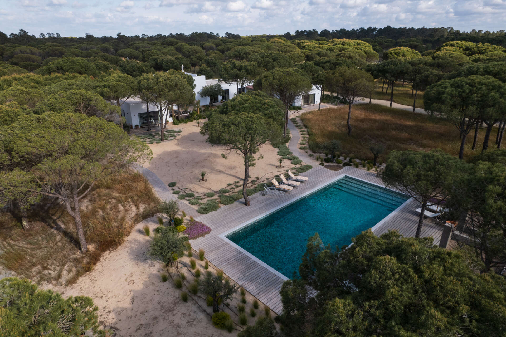 This minimalist courtyard pool reflects towering pine trees and is surrounded by built-in benches, sandy pathways, and Mediterranean landscaping in Comporta, Portugal.