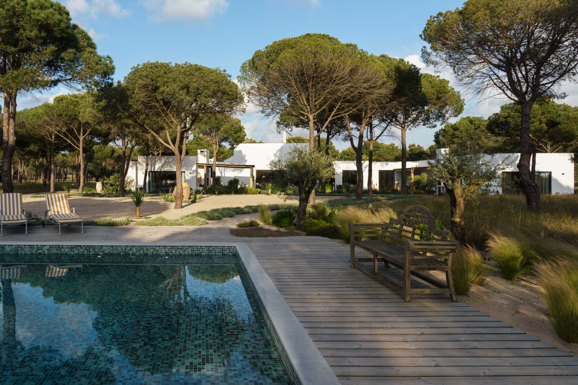 This minimalist courtyard pool reflects towering pine trees and is surrounded by built-in benches, sandy pathways, and Mediterranean landscaping in Comporta, Portugal.