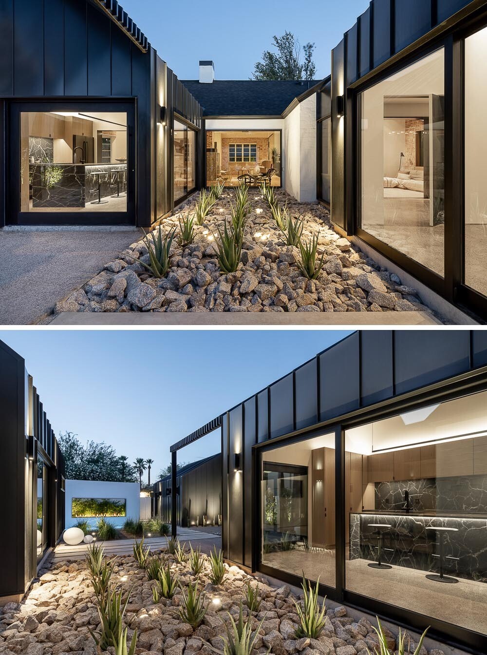 This Phoenix remodel pairs a white historic exterior with a bold black standing seam metal addition, large picture windows, and modern desert landscaping.
