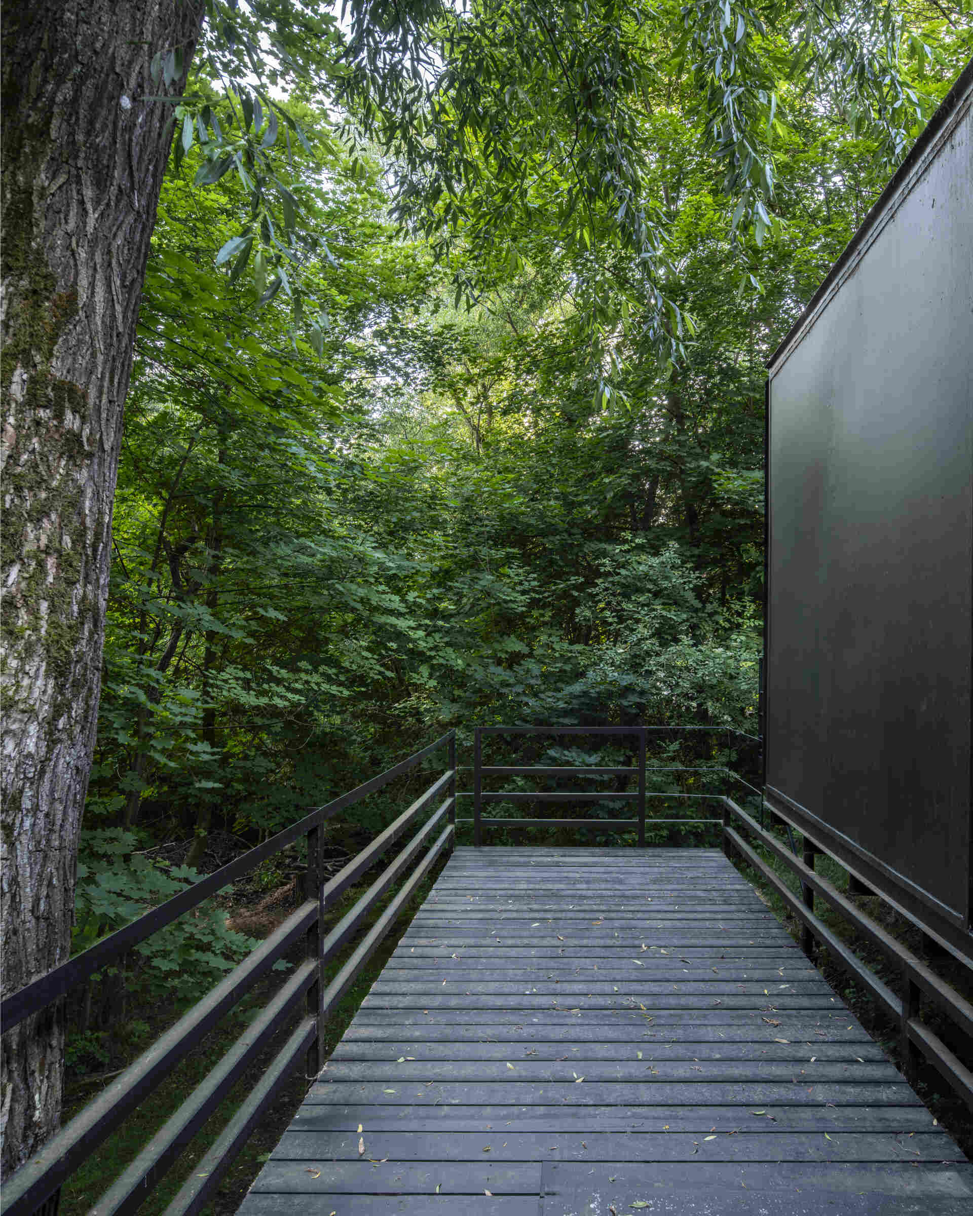 Offroadhouse in Wrzeszczyn, Poland transforms a recycled shipping container into a minimalist forest cabin with a raw industrial exterior, large deck, and peaceful natural setting beside water and dense vegetation.