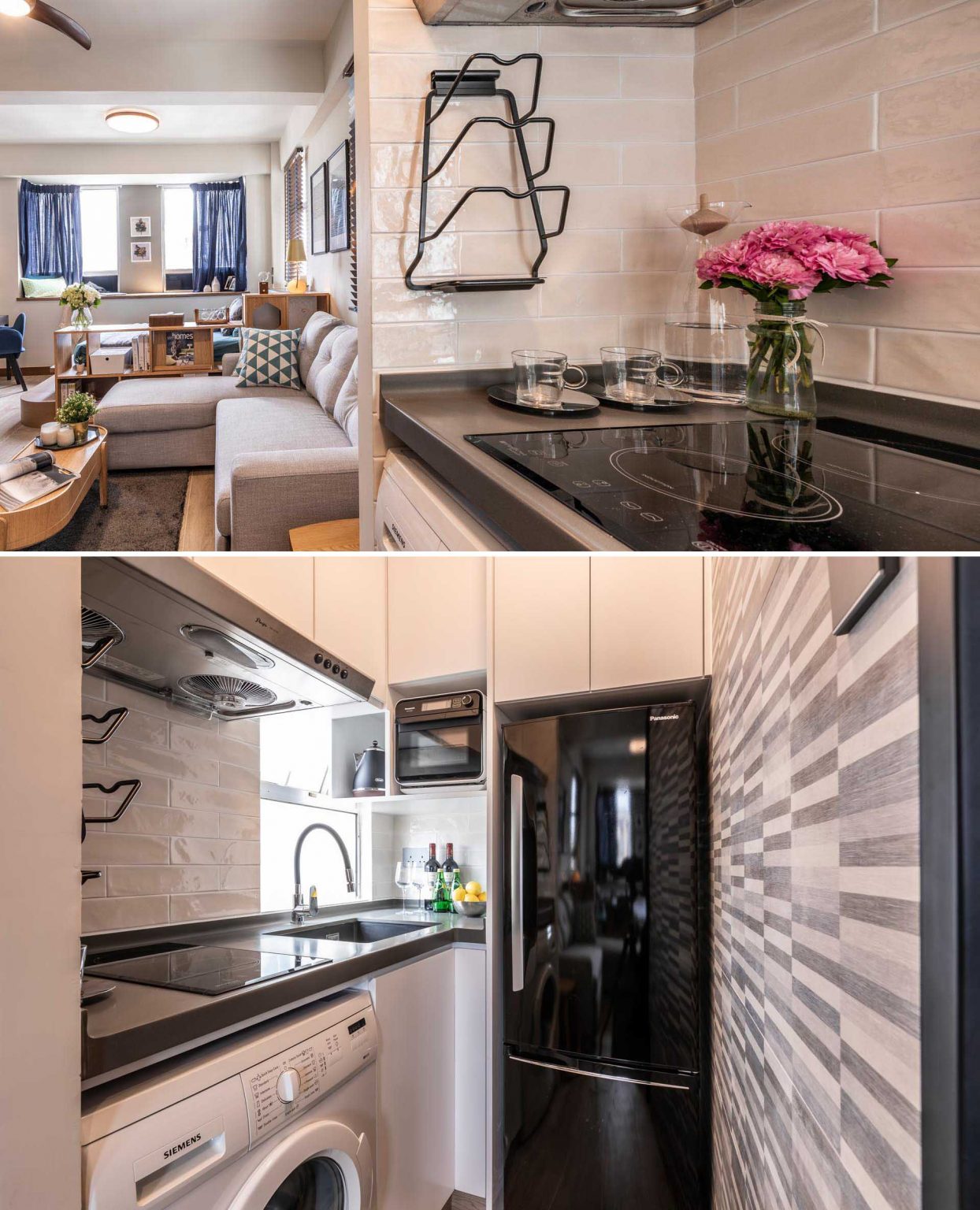 A black metal-framed glass sliding door helps this tiny kitchen feel open while still separating it from the rest of the apartment.