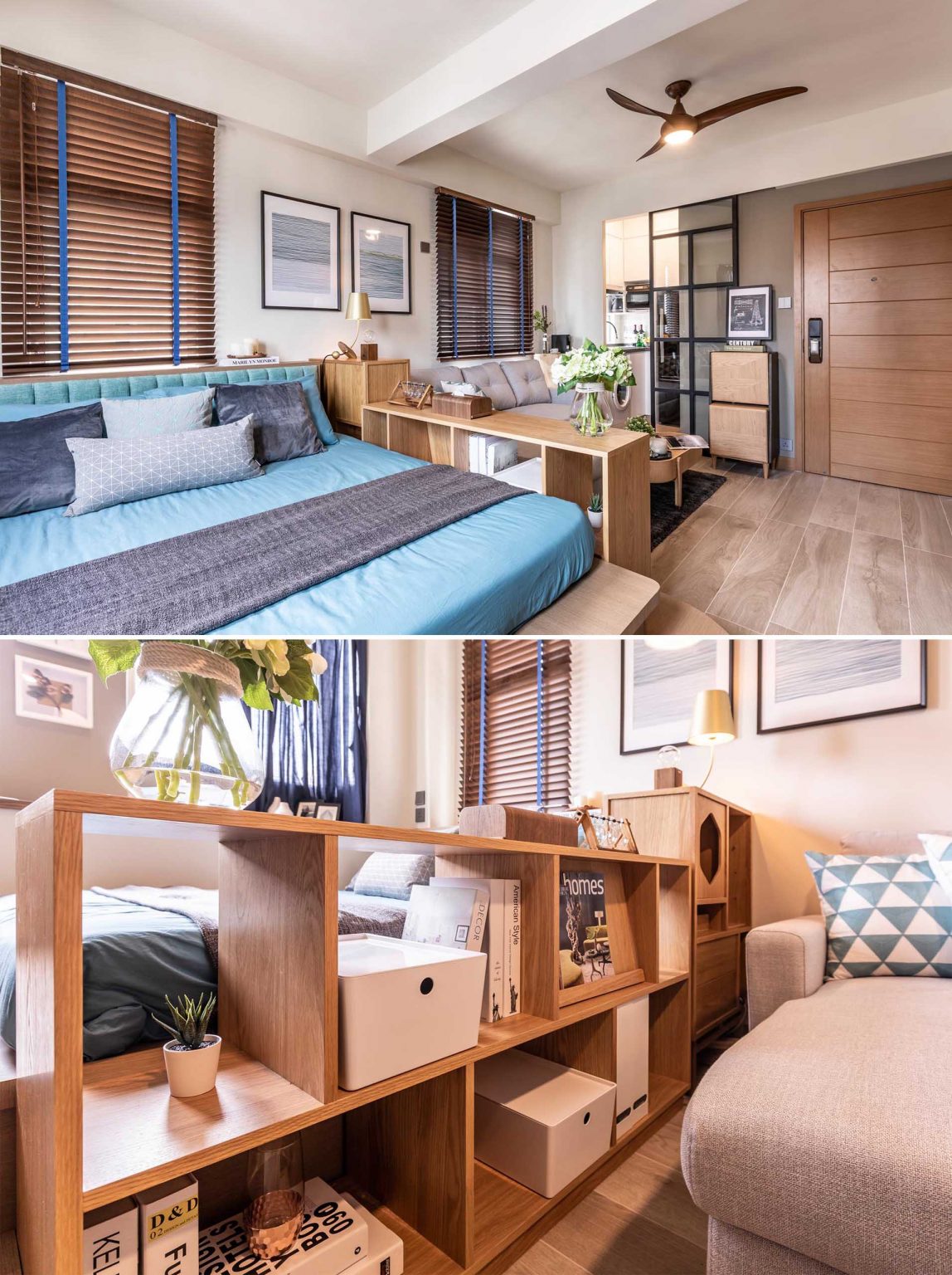 A built-in bookshelf separates the platform bed from the living room without blocking light, creating a smart layout for this tiny apartment.
