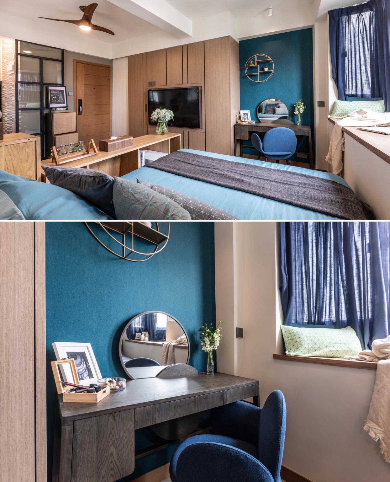 Blue textured wallpaper and a built-in window seat create a cozy workspace inside this small modern apartment in Hong Kong.