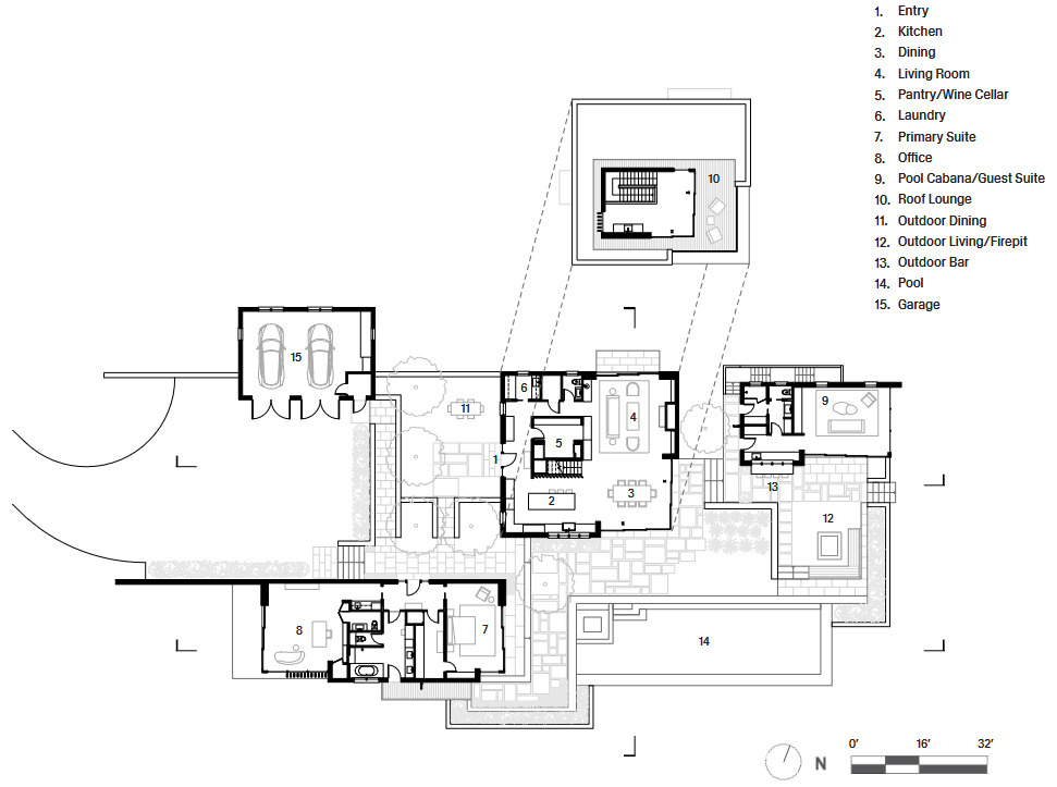 The floor plan of Stone Villa uses detached pavilions, courtyards, and pathways to shape a modern indoor-outdoor living experience.