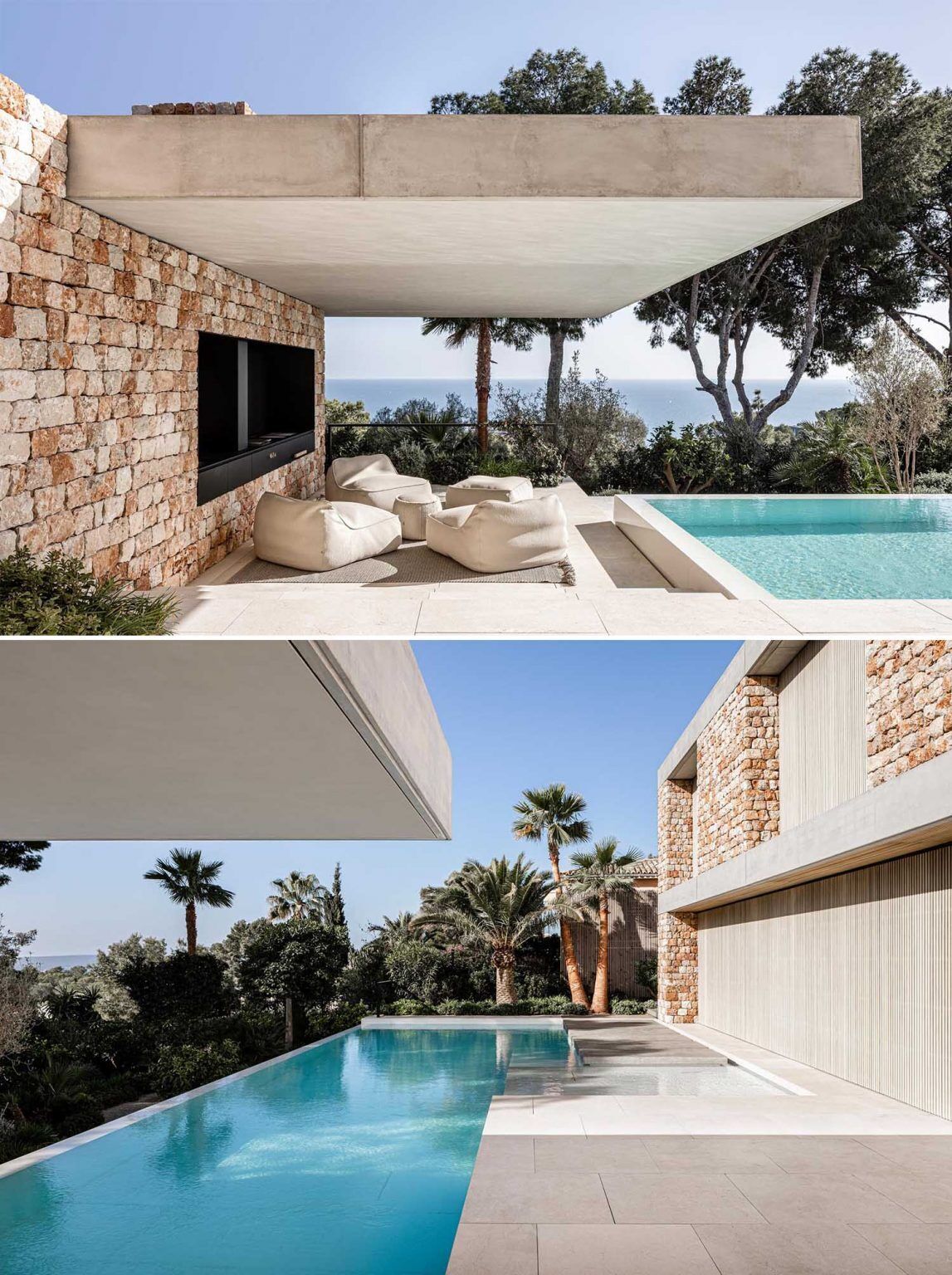 An infinity pool overlooking the Mediterranean creates uninterrupted sea views from nearly every main living space in the home.