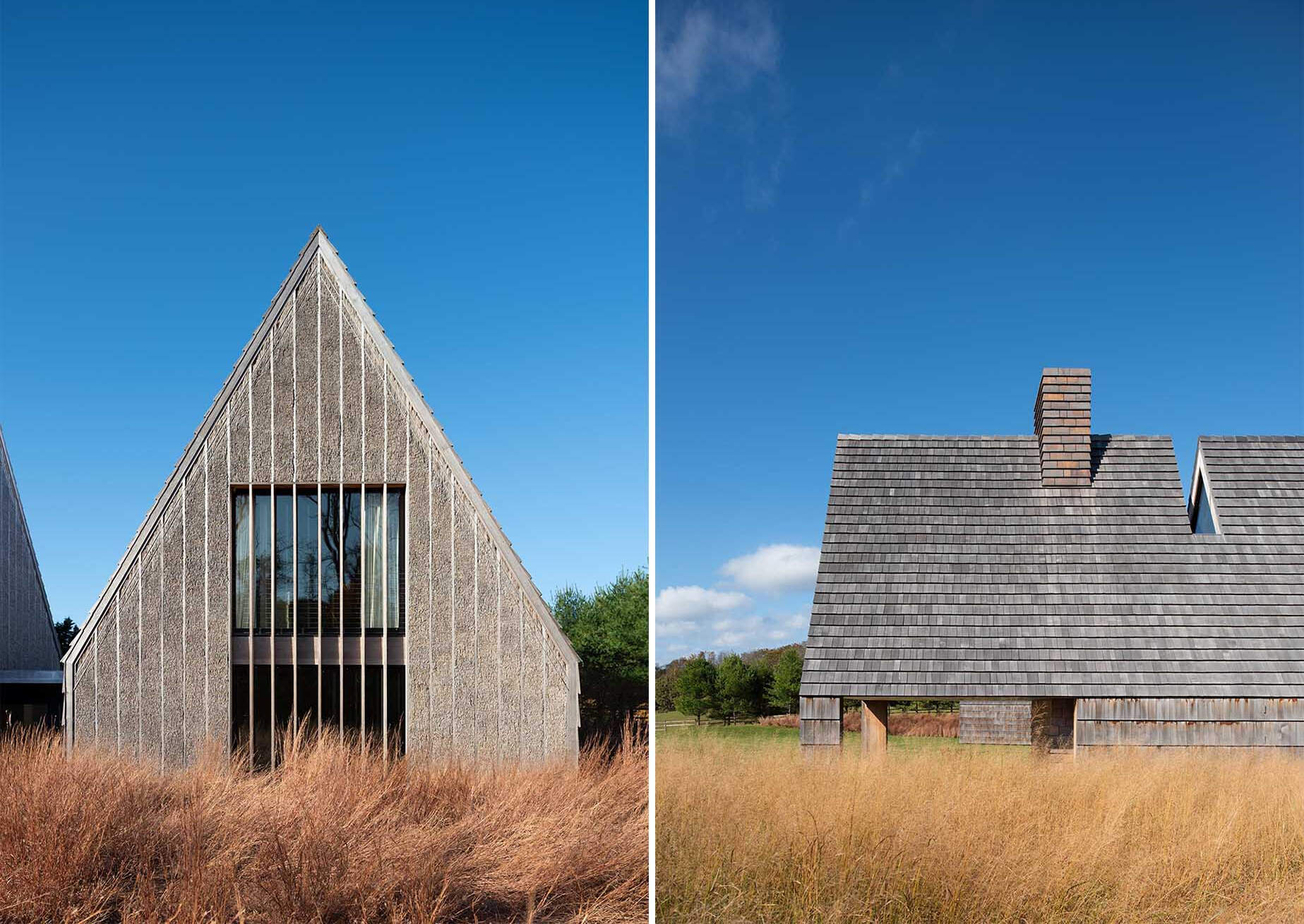Weathered shingles, exposed framing, and modern thatch siding give this Long Island home a unique exterior inspired by the surrounding meadow grasses.