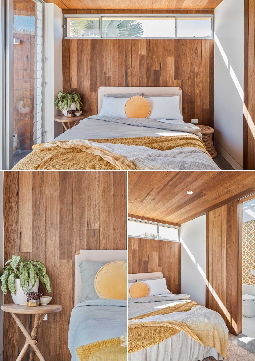The bedroom in this Australian backyard studio features a continuous timber ceiling and wall detail that creates a warm modern backdrop for the bed.
