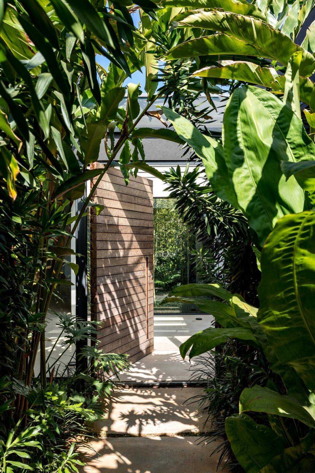 A tropical-lined pathway leads to a pivoting front door, where glass walls frame garden views and introduce the home’s split layout.