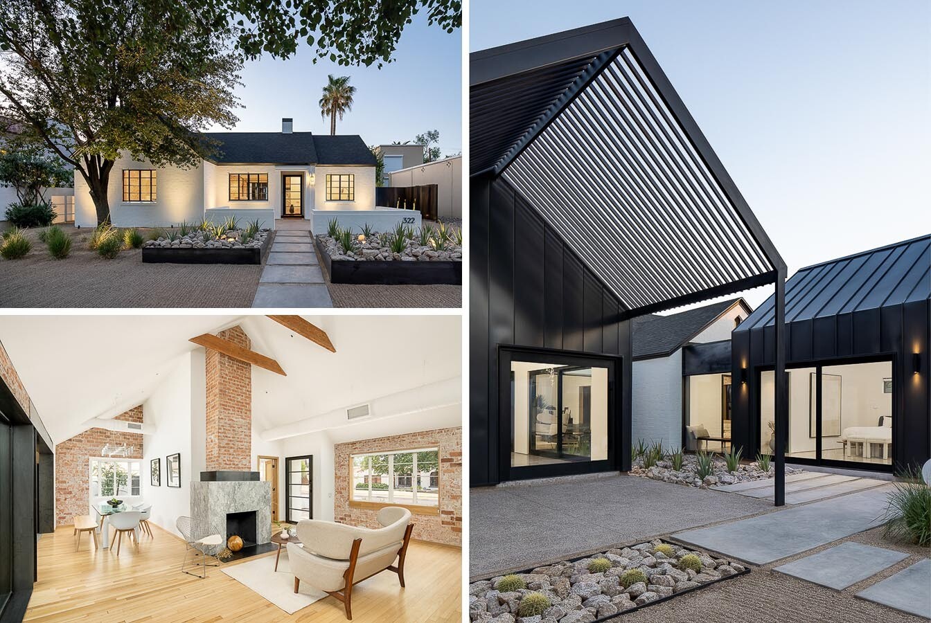 This Phoenix remodel pairs a white historic exterior with a bold black standing seam metal addition, large picture windows, and modern desert landscaping.