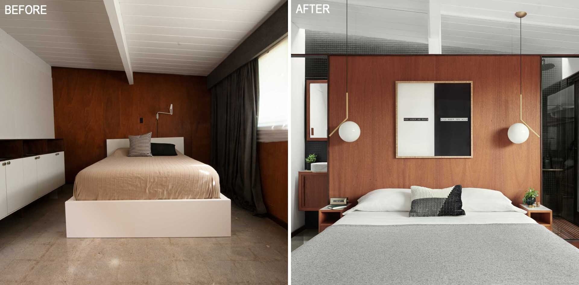 A compact 42-square-foot ensuite tucked into a San Jose Eichler bedroom, opening out to a private patio with an outdoor bathtub surrounded by greenery and black fencing.