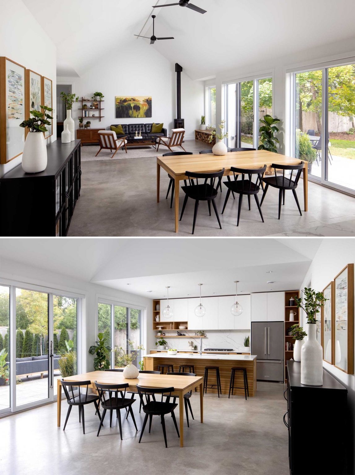An open-plan dining area with warm wood furniture and black dining chairs connects the kitchen and living spaces inside this modern Canadian home.