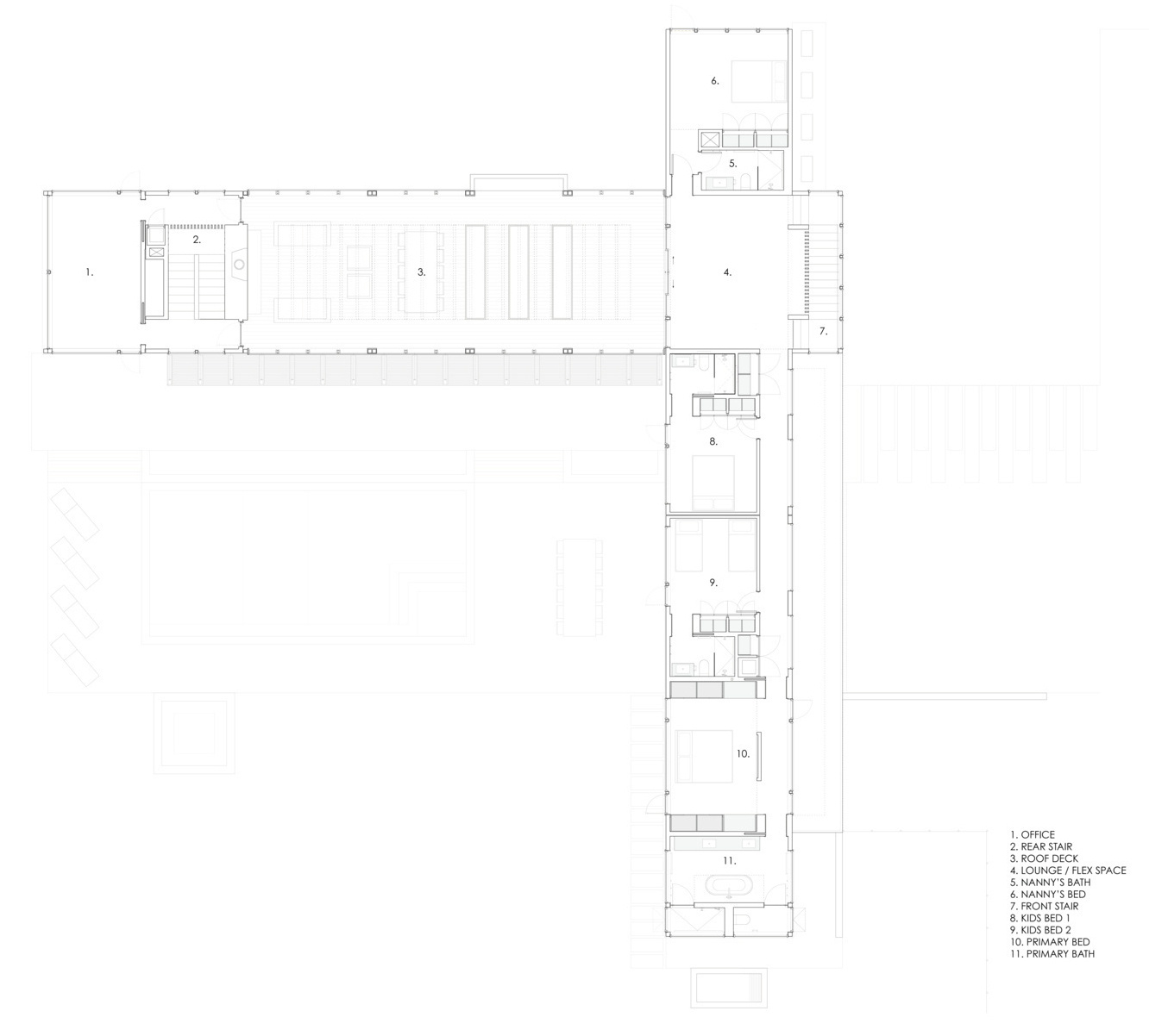 The layout separates private and social spaces while maximizing woodland views, daylight, and natural airflow.