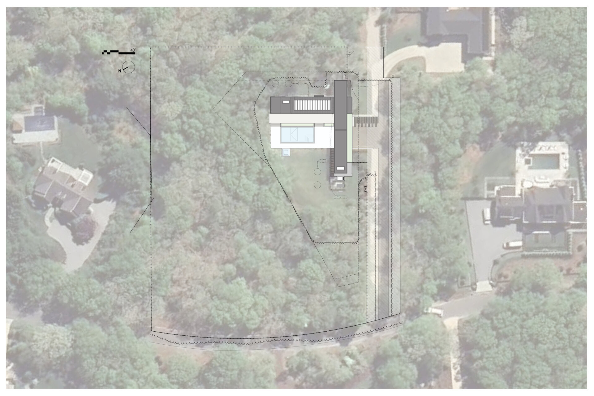 The layout separates private and social spaces while maximizing woodland views, daylight, and natural airflow.