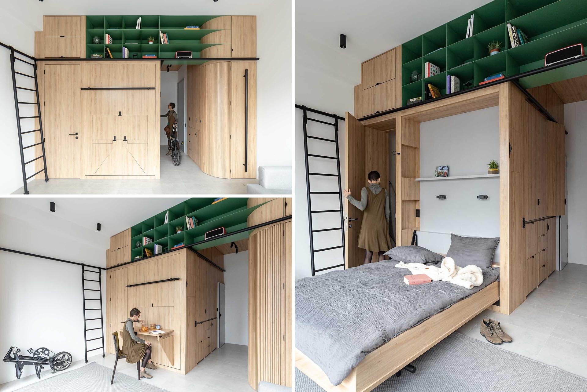 Hidden within custom wood cabinetry, a fold-down bed transforms this compact studio from living space to bedroom in seconds while revealing integrated shelving.