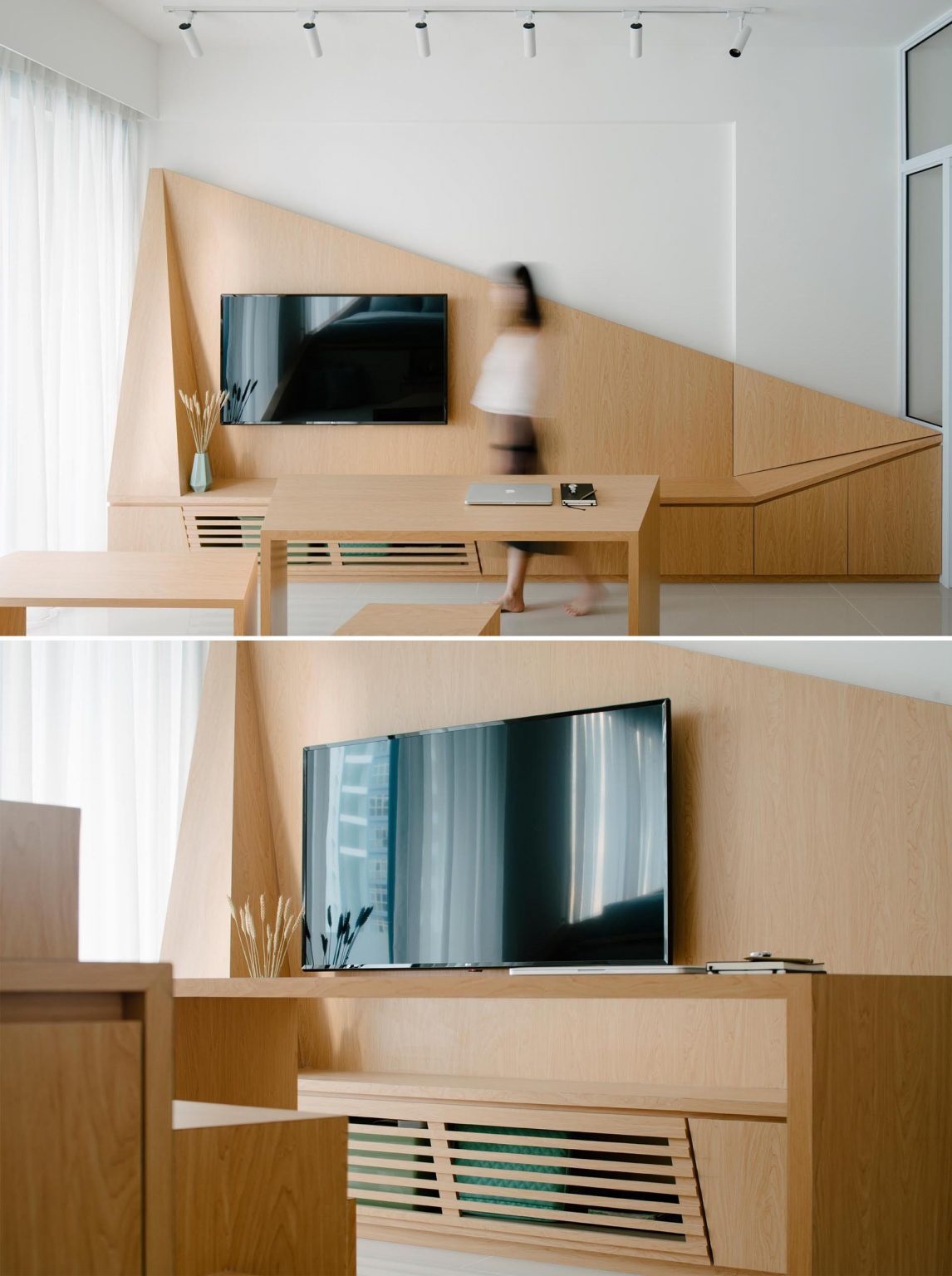 Hidden lighting, angular wood walls, and monochromatic finishes make this tiny apartment feel warm, modern, and surprisingly spacious.