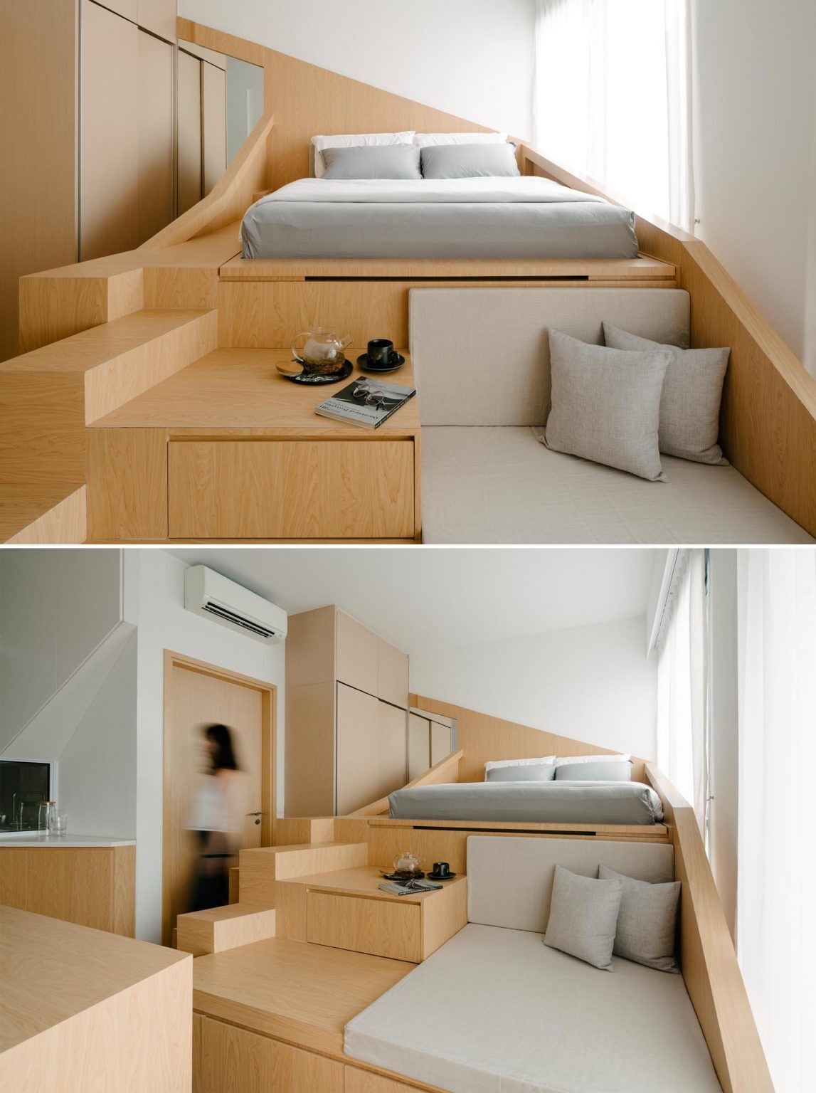 This custom wood platform combines a loft bed, sofa, dining table, workspace, stairs, and storage into one smart design for compact apartment living.