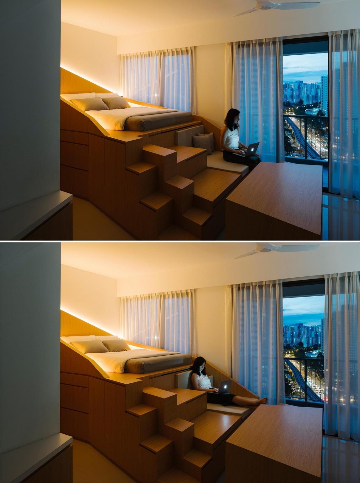 Hidden lighting, angular wood walls, and monochromatic finishes make this tiny apartment feel warm, modern, and surprisingly spacious.