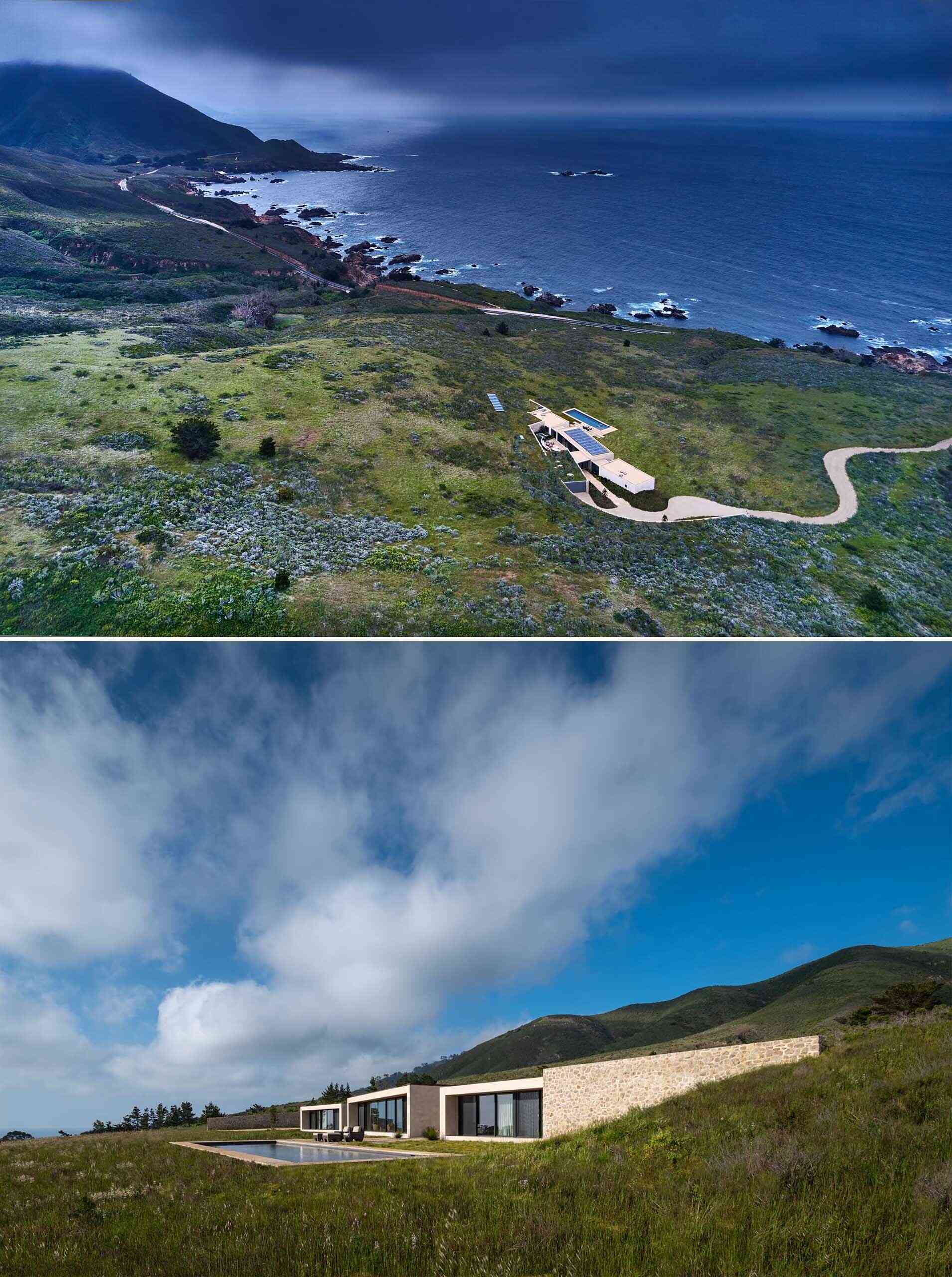 Stone walls, earth-toned concrete, and green roofs help this Big Sur home disappear into the hillside while floor-to-ceiling glass opens every space toward the Pacific Ocean.