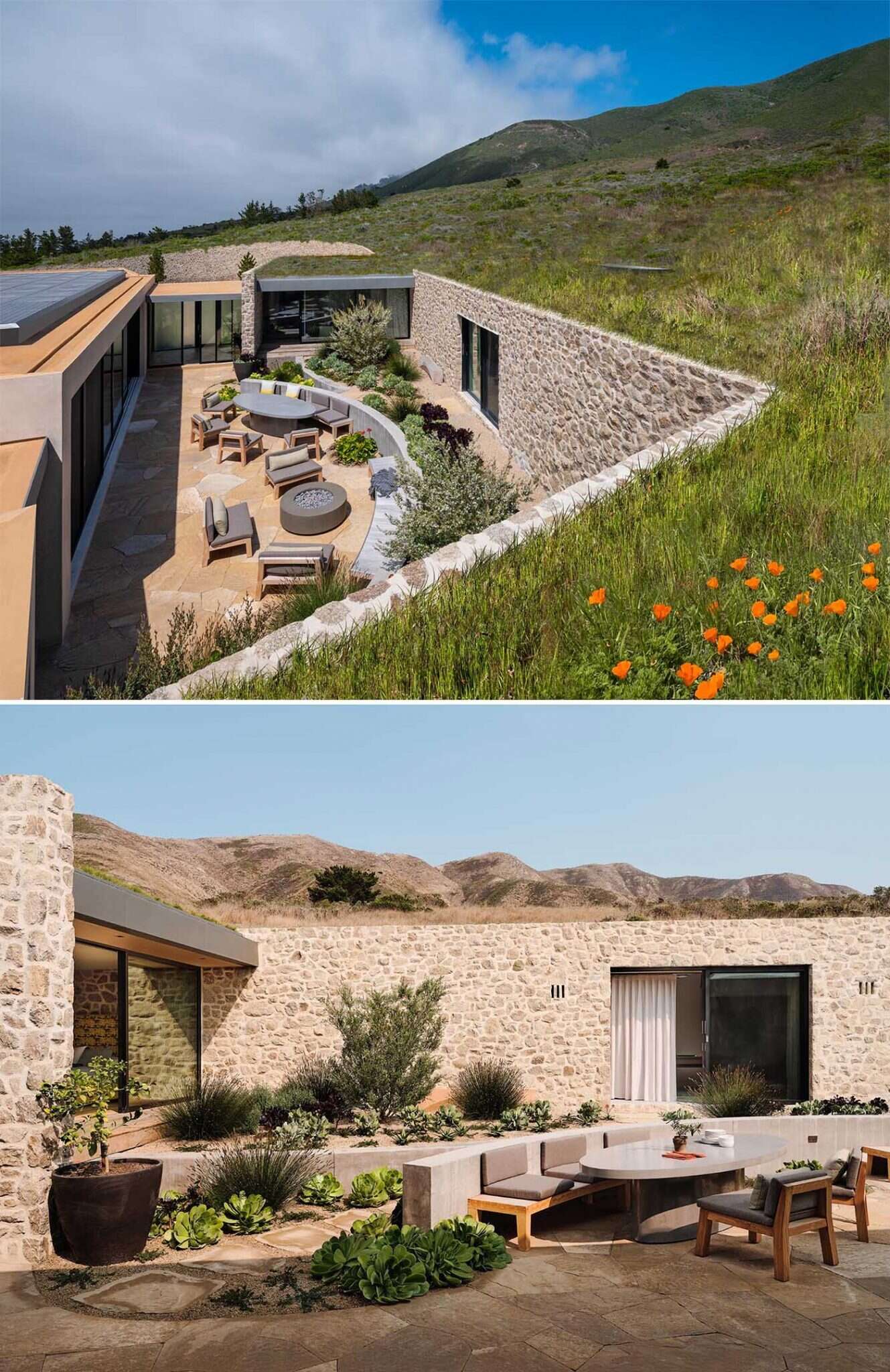 This hidden patio in Big Sur features curved concrete seating, stone walls, desert plants, and a fire pit tucked away from the windy California coastline.