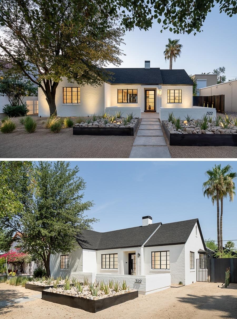 This Phoenix remodel pairs a white historic exterior with a bold black standing seam metal addition, large picture windows, and modern desert landscaping.