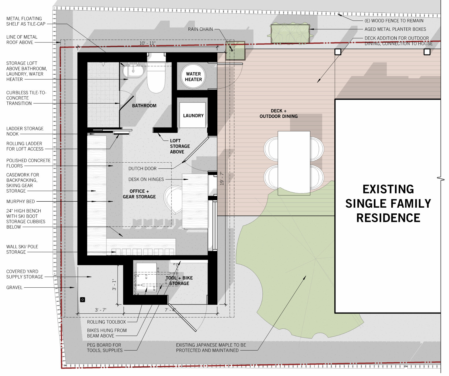 Architectural drawings reveal the smart planning behind this 180-square-foot studio, where every inch serves multiple functions.