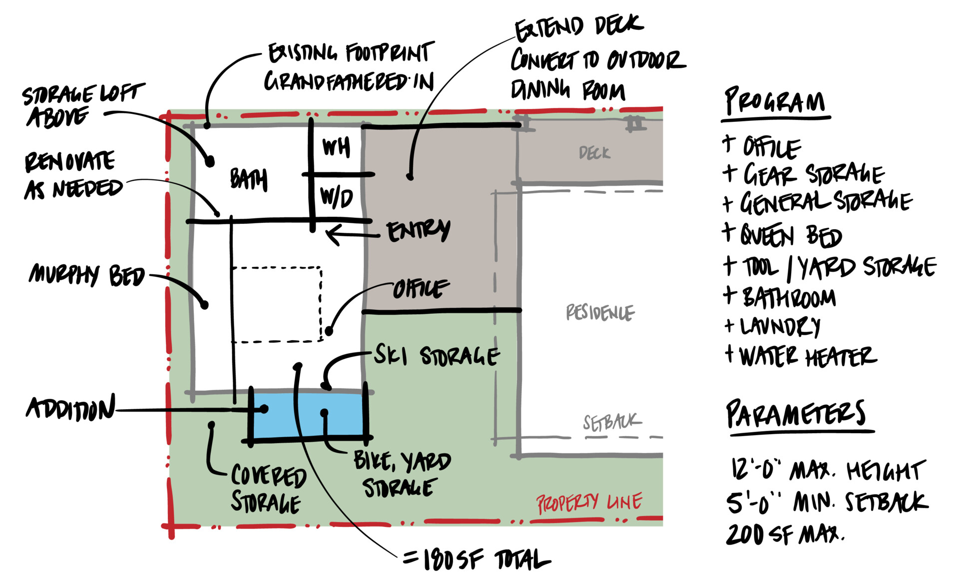 Architectural drawings reveal the smart planning behind this 180-square-foot studio, where every inch serves multiple functions.