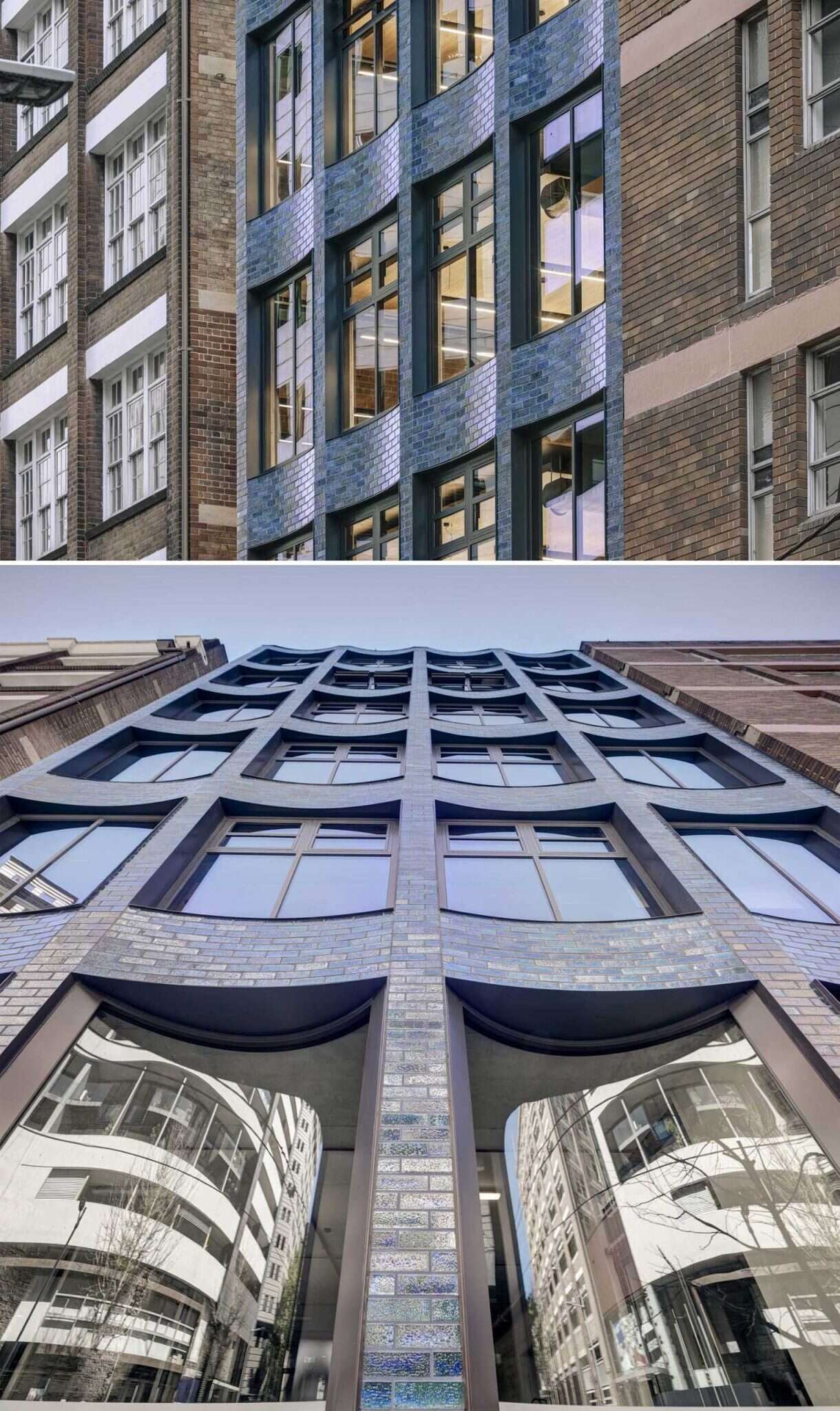 This aquamarine glazed-brick facade by SJB turns a Sydney office building into a sculptural landmark filled with texture, color, and architectural detail.