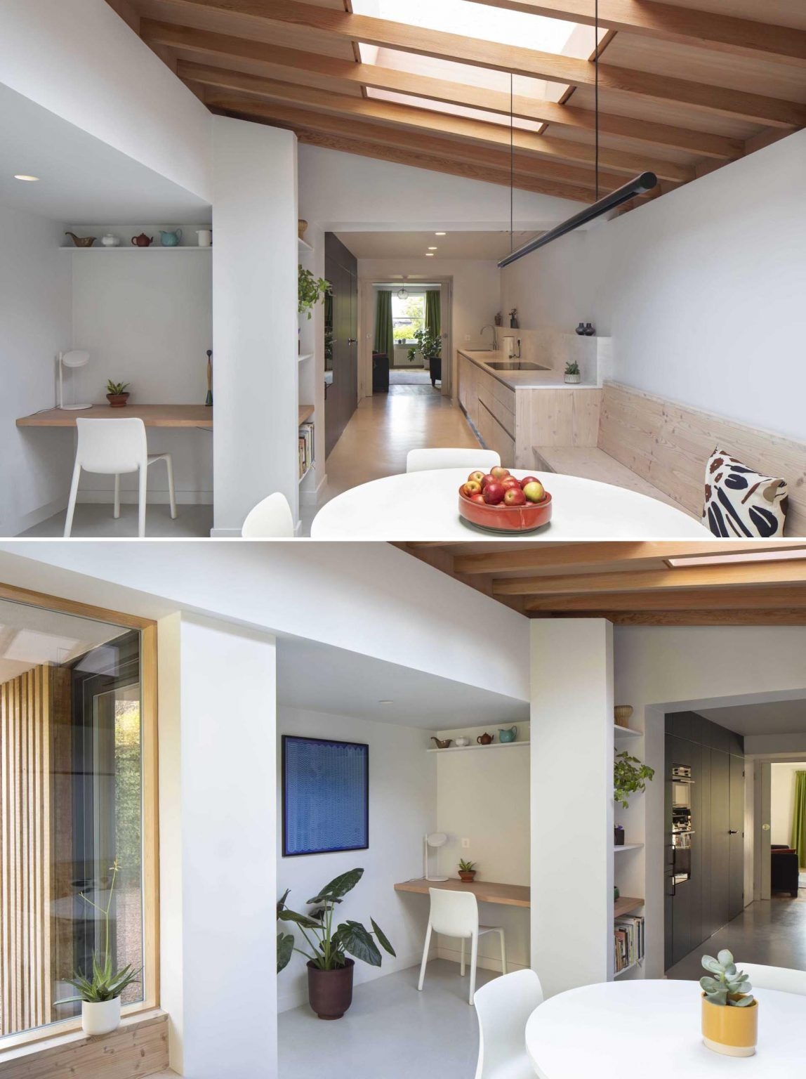 A compact study nook tucked beside the kitchen provides a practical workspace for family life. Douglas fir shelving creates visual separation while maintaining open sightlines throughout the home.