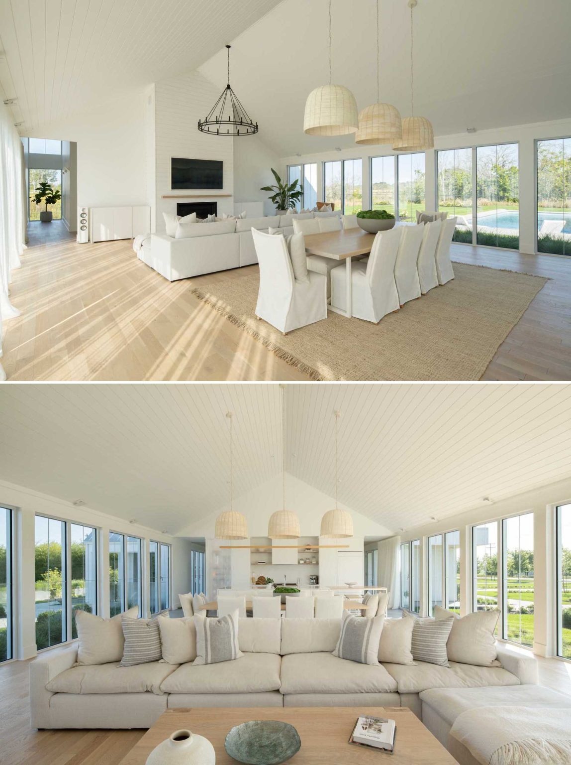 Large glass walls and crisp white interiors fill this contemporary Quebec home with natural light while opening the living spaces to the surrounding landscape.