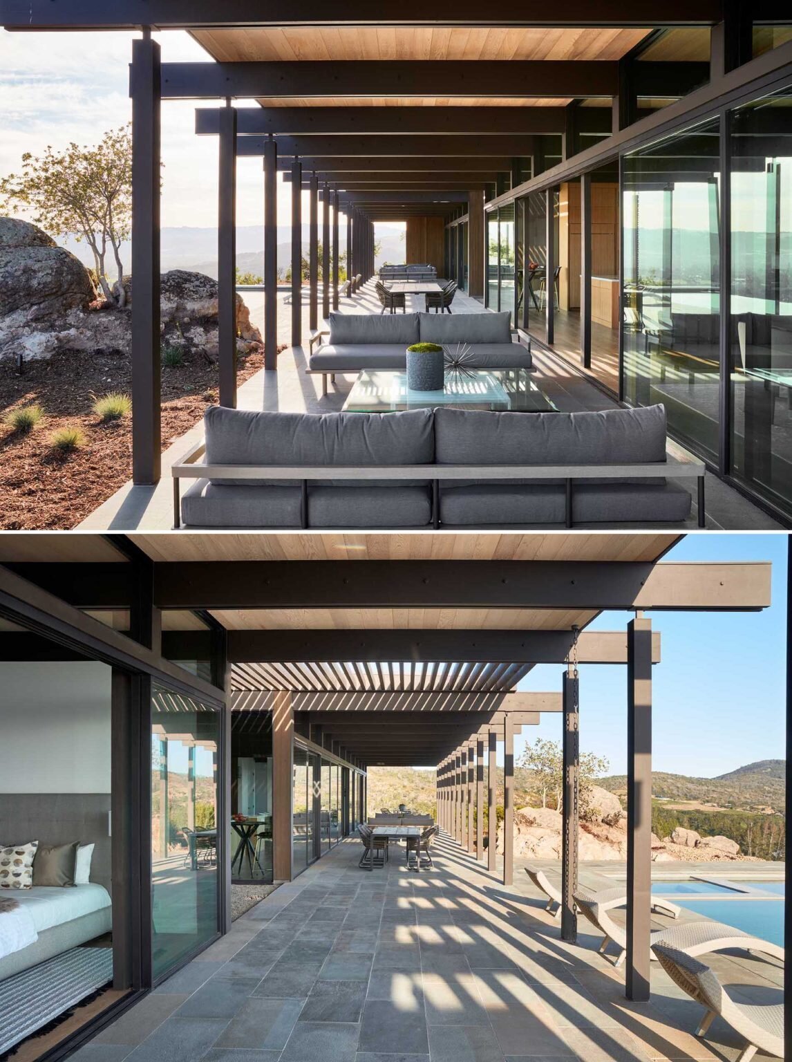 Large glass openings connect the interiors to an expansive covered patio designed for dining, lounging, and entertaining outdoors.