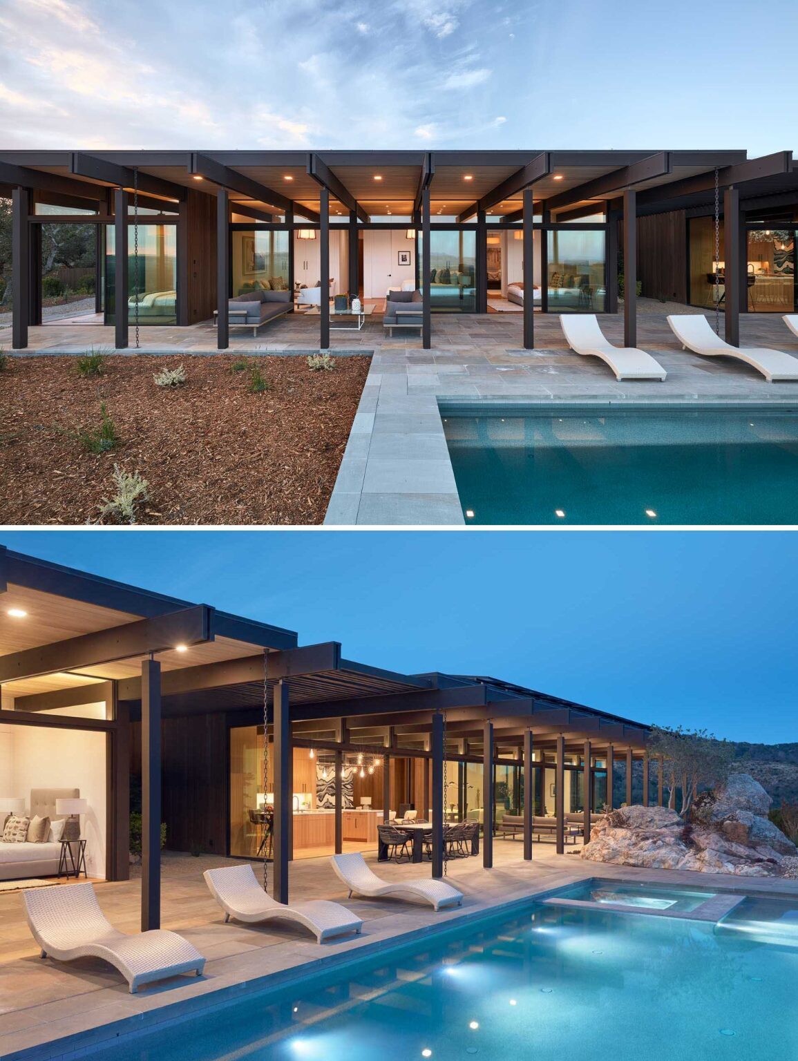 Large glass openings connect the interiors to an expansive covered patio designed for dining, lounging, and entertaining outdoors.