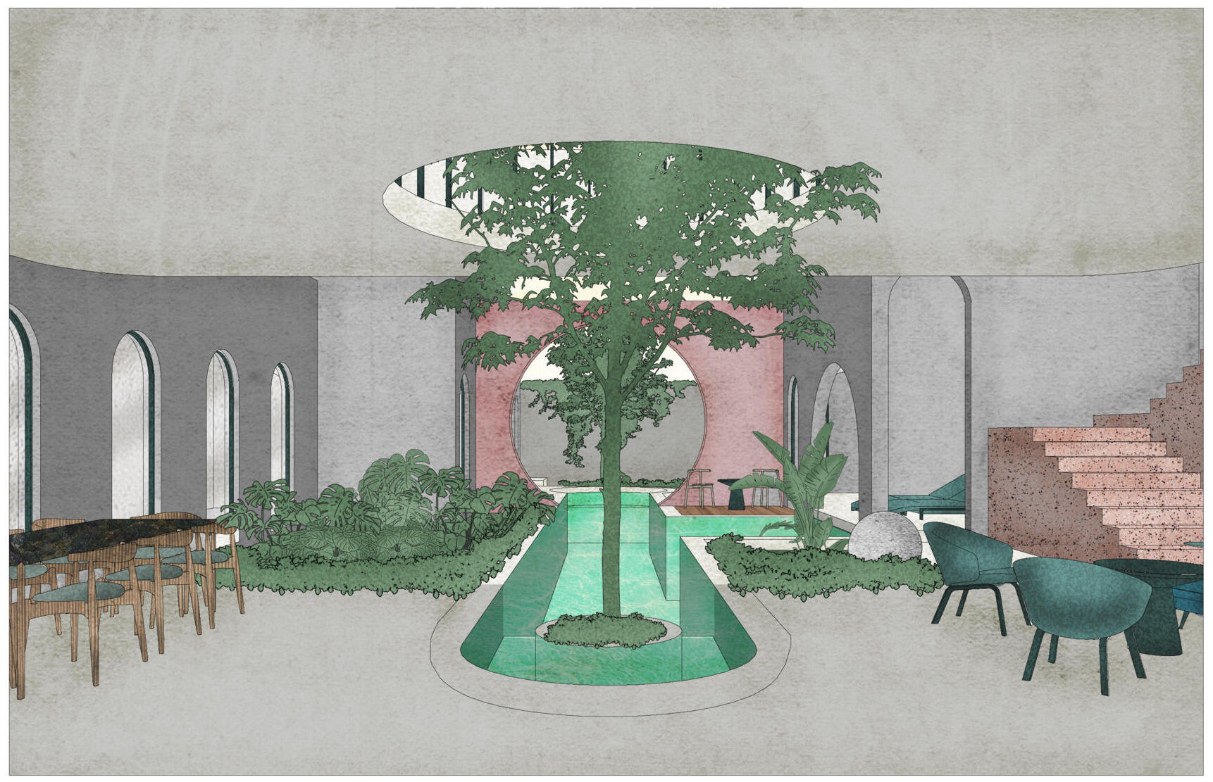 Eclipse House in Mérida, Mexico, is a striking exploration of geometry, light, and landscape. Designed by Etea and Ghostframe, the home features a dramatic double-height gallery, arch-lined walkways, circular openings that inspired its name, and lush gardens woven throughout the architecture.