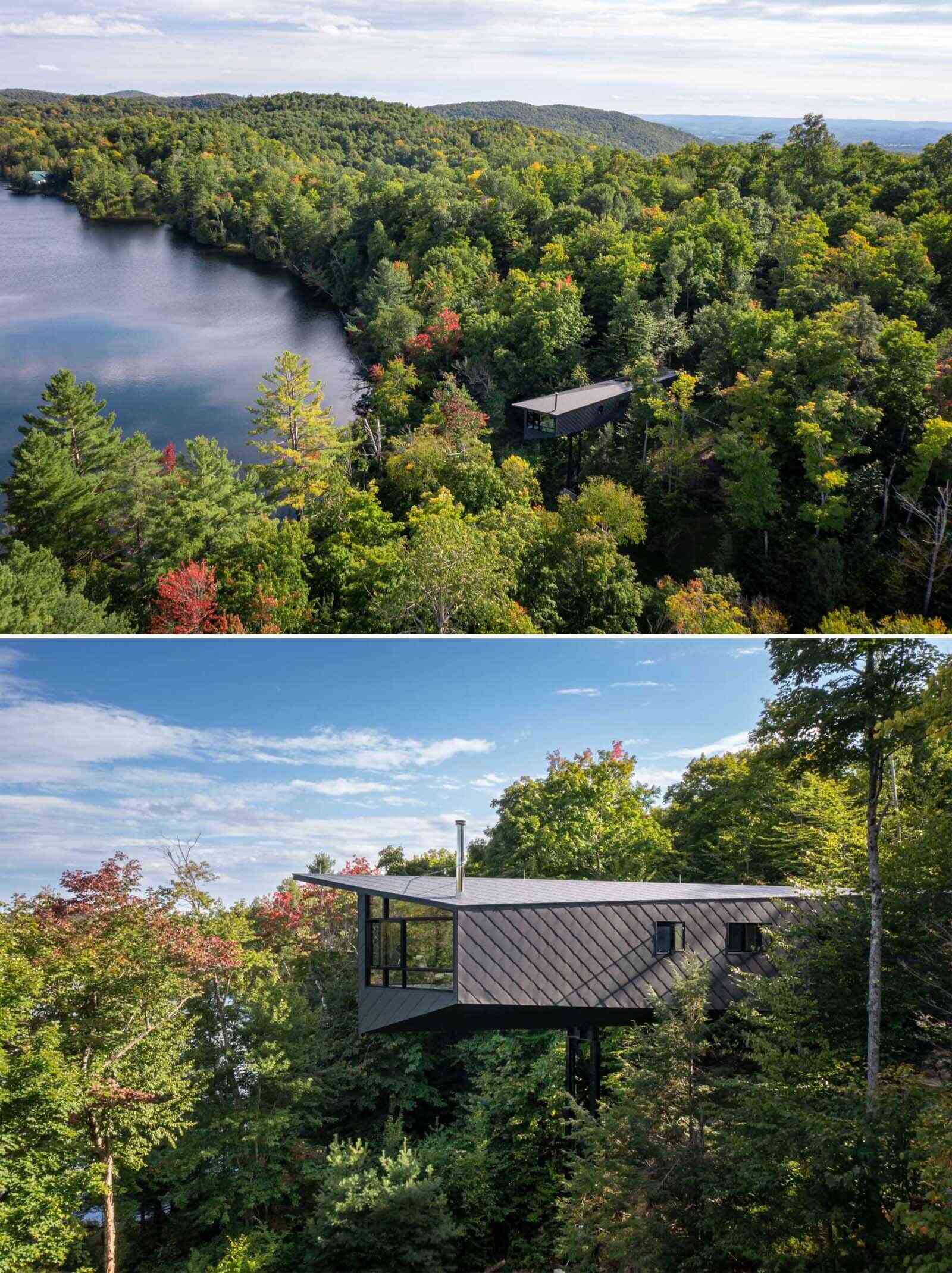 A steel mast and minimal foundation give this modern cabin its floating appearance while helping preserve the forest below.