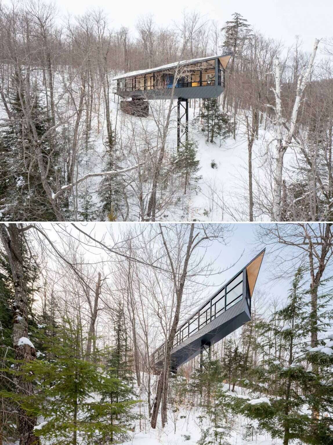 A steel mast and minimal foundation give this modern cabin its floating appearance while helping preserve the forest below.