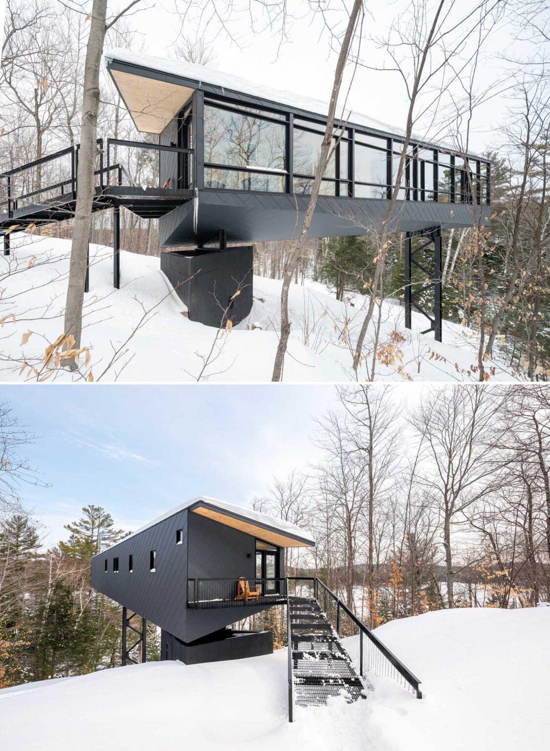 A steel mast and minimal foundation give this modern cabin its floating appearance while helping preserve the forest below.
