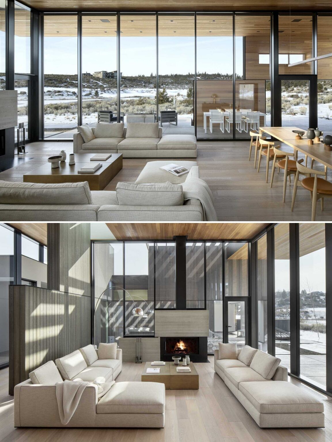 High wood-lined ceilings, warm cedar finishes, and expansive glazing create an inviting living space filled with natural light and desert views.