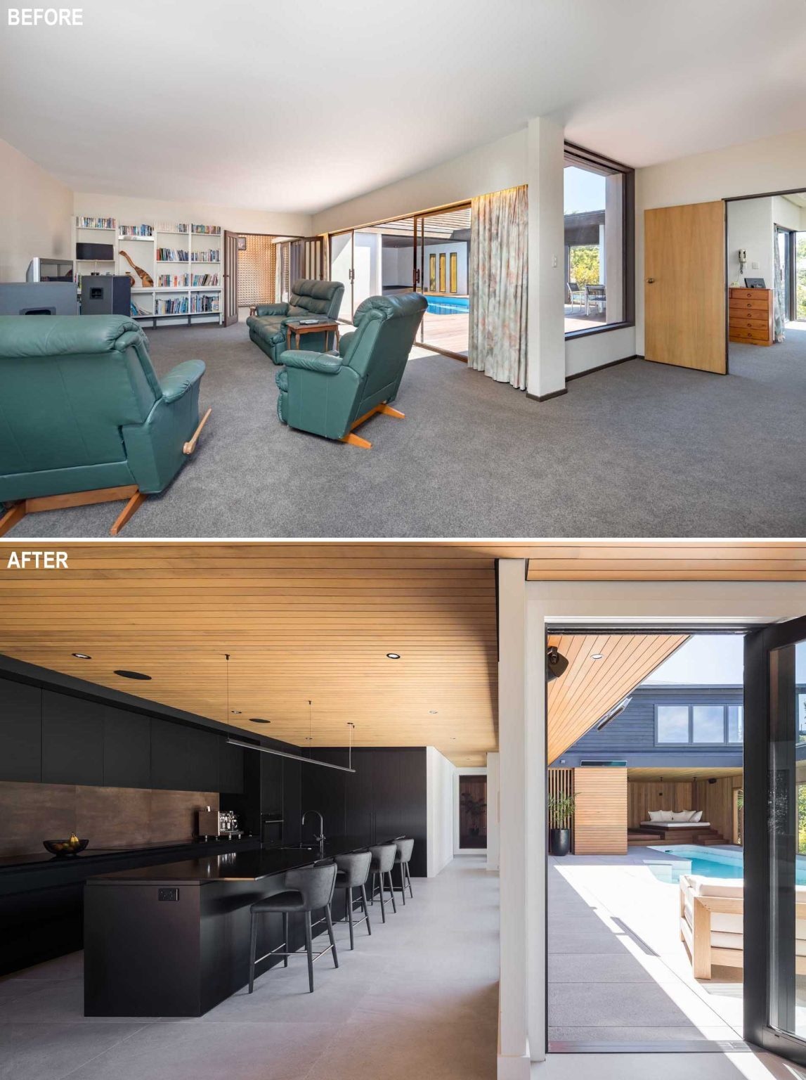 A complete redesign of the kitchen, dining, and living spaces introduces black cabinetry, streamlined layouts, and seamless connections to the courtyard and pool.