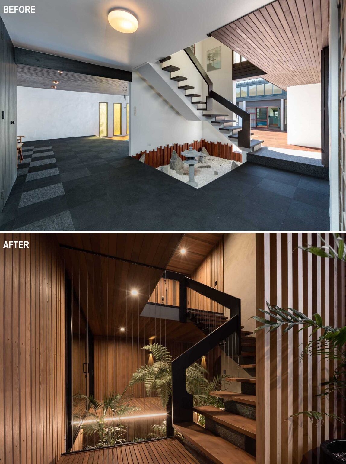 BEFORE + AFTER - Black and timber stairs replace the original staircase, while a small garden beneath introduces greenery and texture to the interior.